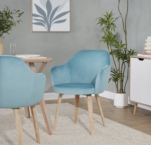 English Elm Dining Chair Set of 2 Velvet Upholstered Bentwood Legs Whitewashed Organic Modern Light Blue B202S02062