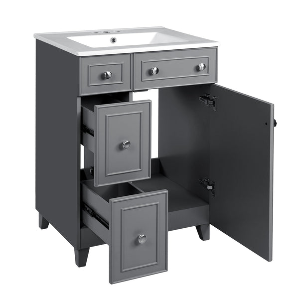 English Elm 24" Gray Bathroom Vanity Cabinet with Ceramic Sink, Soft-Close Door, 2 Drawers, Smart Storage, Durable Design N729P264336E