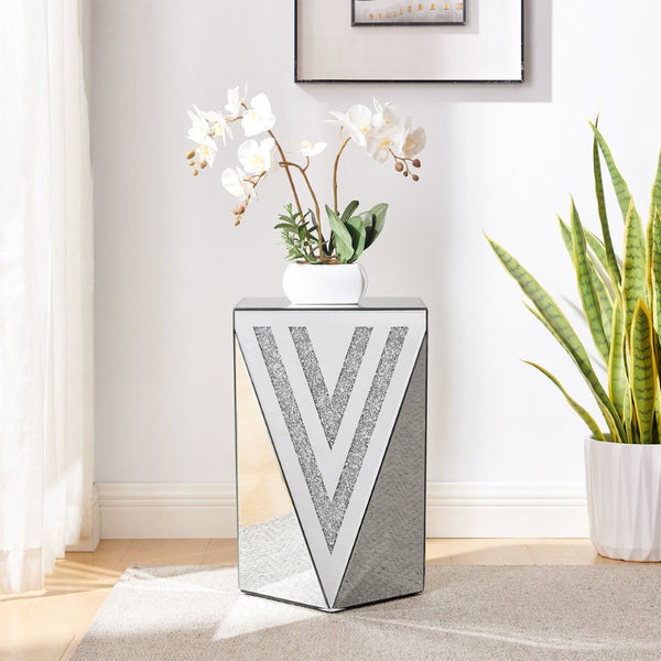 English Elm Inverted Triangle Mirrored Side Table with Crystal Inlays for Glam Living Spaces W1005P416726