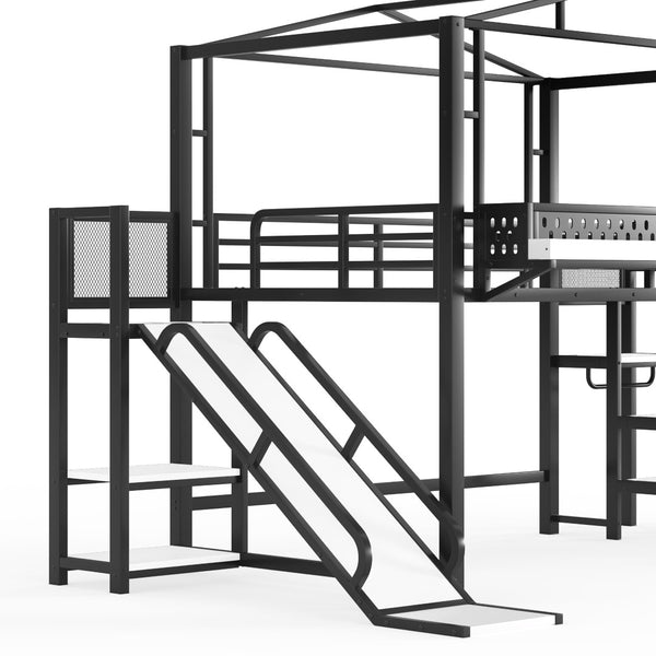 English Elm Twin Metal Loft Bed with Built-in Wardrobe Storage Stairs Led Lights and Usb Ports W5316S00047