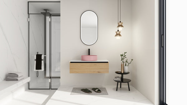 English Elm 36'' Floating Wall Mounted Vanity with Art Ceramic Vessel Sink and Soft Close Drawer W999S00364