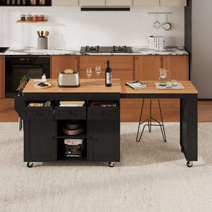 English Elm K&k Rolling Kitchen Island with Extendable Table Open Shelving and Built-in Power Outlet Black N707P360278B