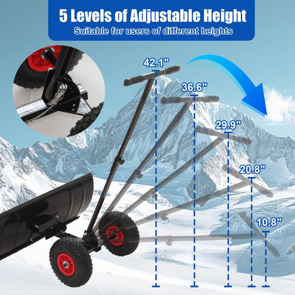 English Elm 30" Carbon Steel Snow Pusher with Wheeled Frame and Adjustable Ergonomic Handle W1422P362635