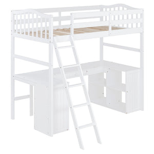 English Elm Twin Loft Bed with Desk Drawers Cabinet Shelves Solid Pine Wood White Finish LT0001505AAK-1