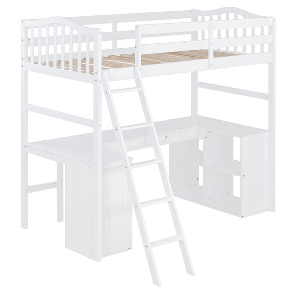 English Elm Twin Loft Bed with Desk Drawers Cabinet Shelves Solid Pine Wood White Finish LT0001505AAK-1