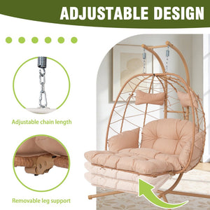English Elm 2 Person Wicker Hanging Egg Chair with Stand Padded Swing for Patio Garden T5880P500215