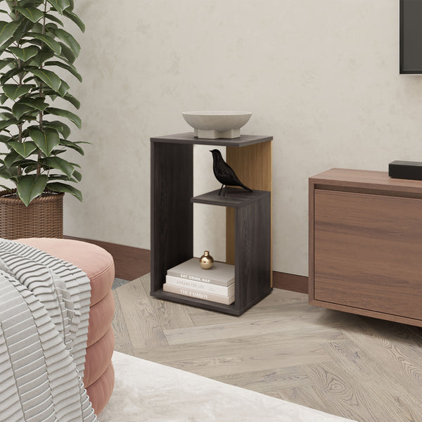 English Elm FM Vega Side Table Melamine Espresso & Natural Oak – Compact 3-Room Nightstand with Open Shelves, Sturdy Storage, 24.9"H B128P293871