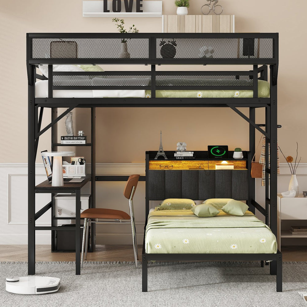 English Elm Full Full over Twin Metal Bunk Bed with Desk, Bookshelves, LED Lighting & USB Charge Station, Black W2580S00040