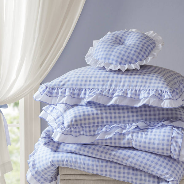 English Elm 4-piece Gingham Ruffle Comforter Set Romantic Cottage Bedroom Brushed Polyester Fill Blue B035P463186