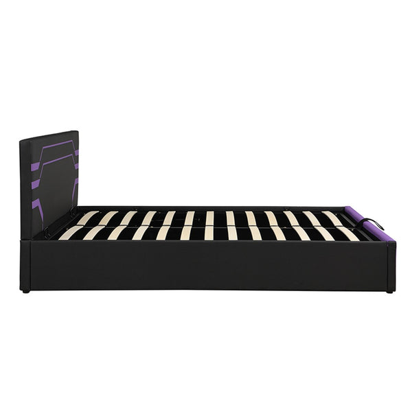 English Elm Modern Cyberpunk Queen Platform Bed Hydraulic Storage Pu Upholstered Gaming Frame Purple+Black SF000205AAI