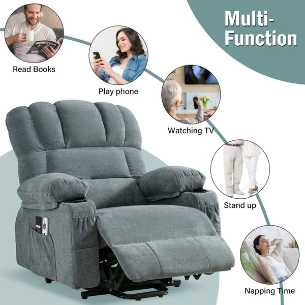English Elm Power Lift Recliner Chair with Massage Heating Fleece Leather and Usb for Elderly Blue W1807P298856
