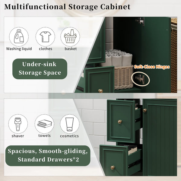 English Elm 24" Forest Green Bathroom Vanity Cabinet with Ceramic Sink, Soft-Close Door, 2 Drawers, Open-Back Access for Easy Plumbing and Durable Solid-Wood Frame N729P264336G