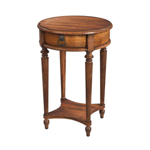 Homeroots 26" Antique Cherry Solid And Manufactured Wood Round End Table With Drawer And Shelf   489001