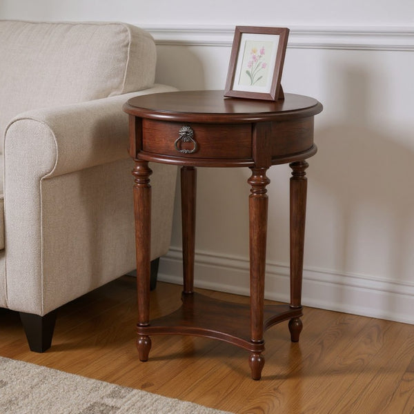 HomeRoots 26" Brown Distressed Wood Round End Table with Drawer & Shelf – Rustic Vintage Charm for Any Room 489002