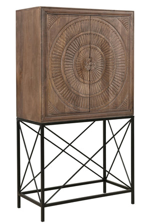 HomeRoots 33" Brown Solid Wood Carved Wine Cabinet with Iron Base - Elegant Storage for Dining & Living Spaces 489014