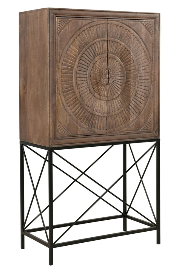 HomeRoots 33" Brown Solid Wood Carved Wine Cabinet with Iron Base - Elegant Storage for Dining & Living Spaces 489014