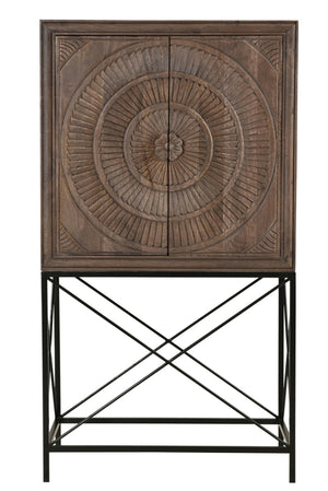 HomeRoots 33" Brown Solid Wood Carved Wine Cabinet with Iron Base - Elegant Storage for Dining & Living Spaces 489014