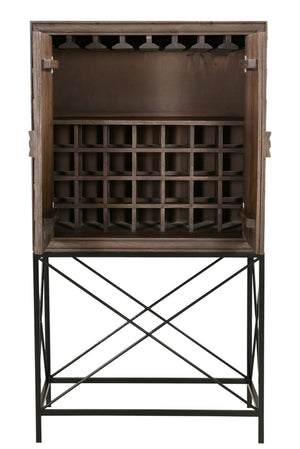 HomeRoots 33" Brown Solid Wood Carved Wine Cabinet with Iron Base - Elegant Storage for Dining & Living Spaces 489014