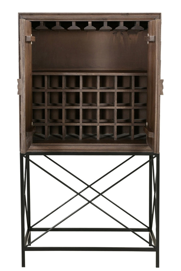 HomeRoots 33" Brown Solid Wood Carved Wine Cabinet with Iron Base - Elegant Storage for Dining & Living Spaces 489014