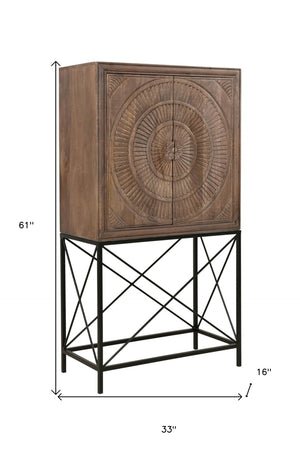 HomeRoots 33" Brown Solid Wood Carved Wine Cabinet with Iron Base - Elegant Storage for Dining & Living Spaces 489014