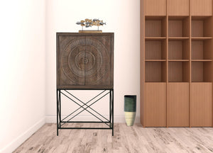 HomeRoots 33" Brown Solid Wood Carved Wine Cabinet with Iron Base - Elegant Storage for Dining & Living Spaces 489014