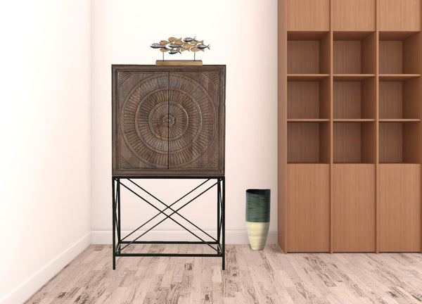 HomeRoots 33" Brown Solid Wood Carved Wine Cabinet with Iron Base - Elegant Storage for Dining & Living Spaces 489014