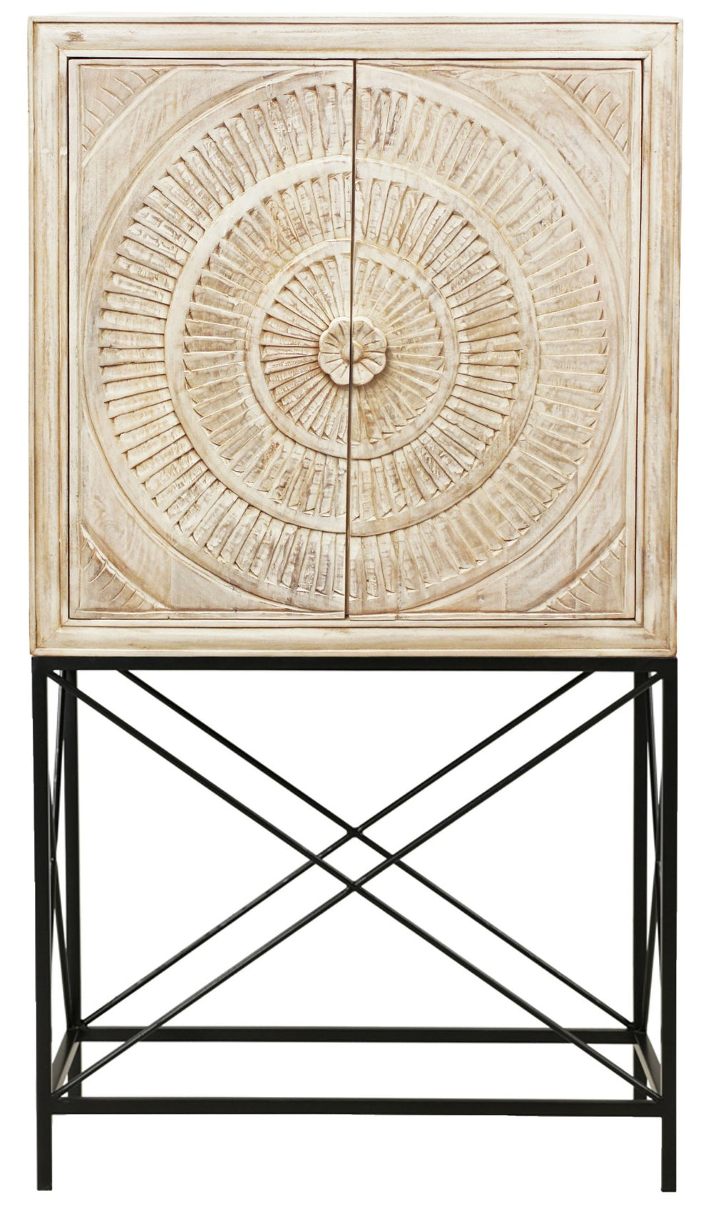 HomeRoots 33" Distressed White Wine Cabinet with Hand-Carved Floral Doors - Stylish Storage for Home Decor 489015