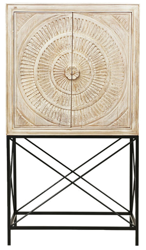 HomeRoots 33" Distressed White Wine Cabinet with Hand-Carved Floral Doors - Stylish Storage for Home Decor 489015