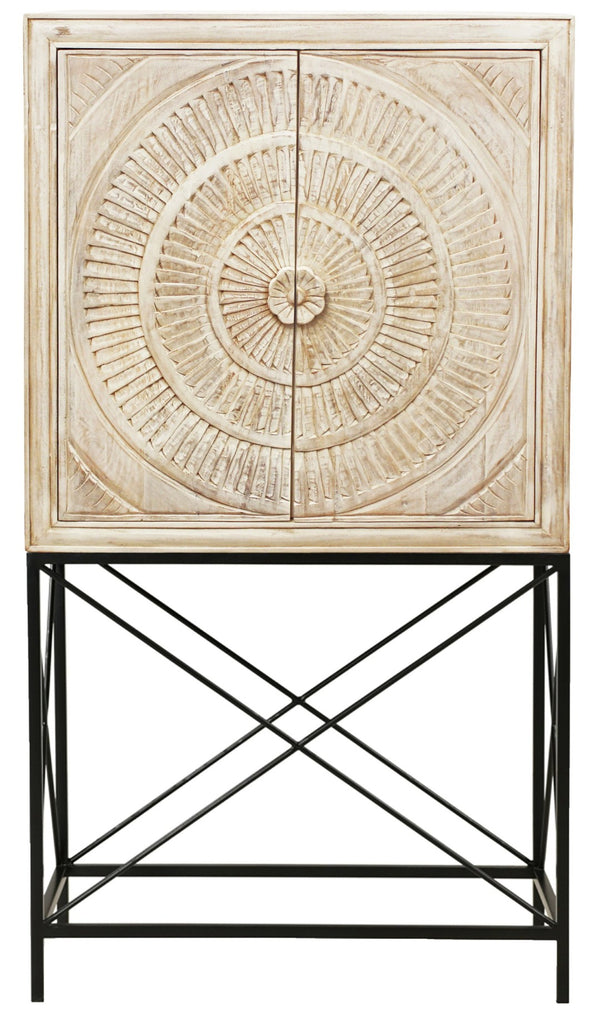 HomeRoots 33" Distressed White Wine Cabinet with Hand-Carved Floral Doors - Stylish Storage for Home Decor 489015