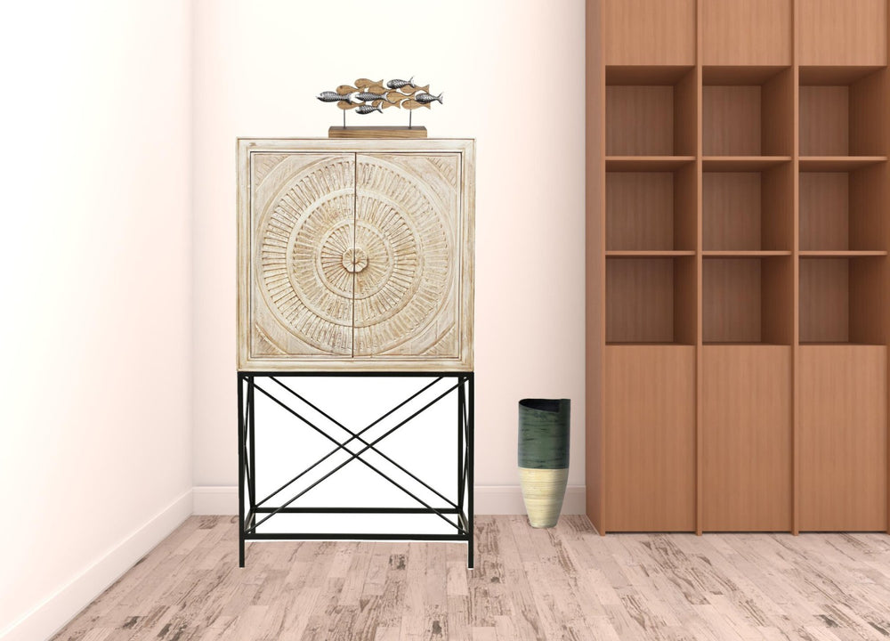 HomeRoots 33" Distressed White Wine Cabinet with Hand-Carved Floral Doors - Stylish Storage for Home Decor 489015