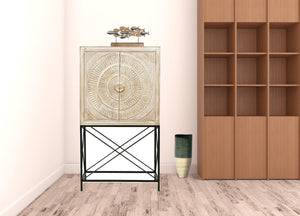 HomeRoots 33" Distressed White Wine Cabinet with Hand-Carved Floral Doors - Stylish Storage for Home Decor 489015