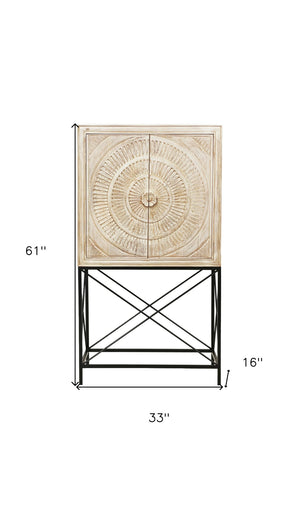 HomeRoots 33" Distressed White Wine Cabinet with Hand-Carved Floral Doors - Stylish Storage for Home Decor 489015