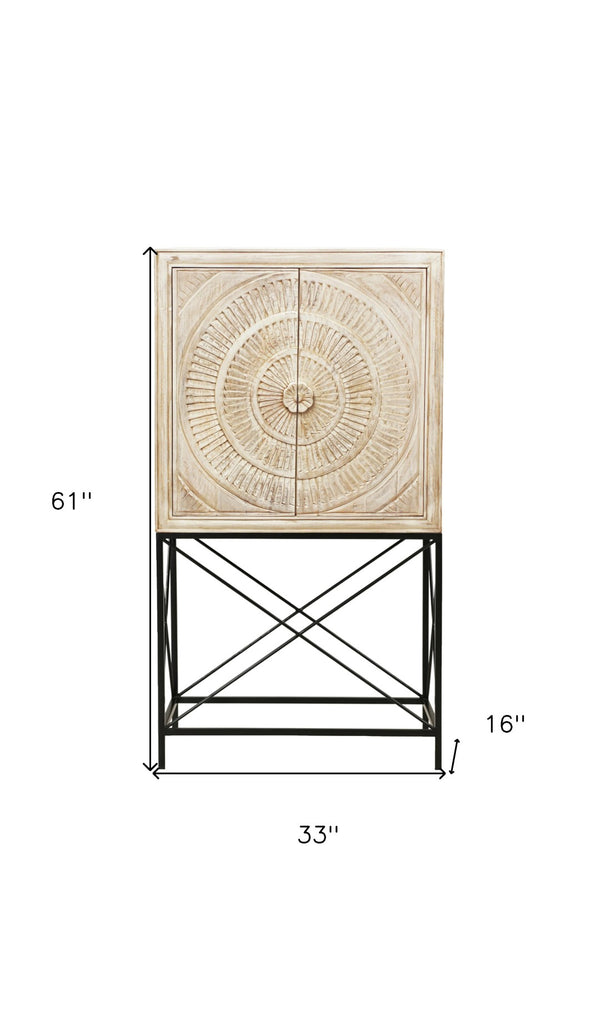 HomeRoots 33" Distressed White Wine Cabinet with Hand-Carved Floral Doors - Stylish Storage for Home Decor 489015