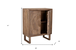 HomeRoots 33" Distressed Brown Solid Wood Accent Cabinet with Hand-Carved Floral Doors for Stylish Storage 489021