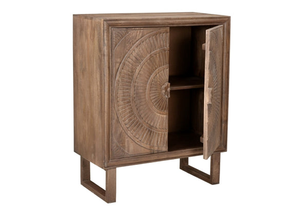 HomeRoots 33" Distressed Brown Solid Wood Accent Cabinet with Hand-Carved Floral Doors for Stylish Storage 489021