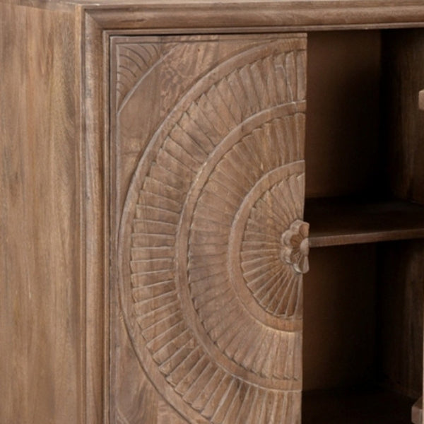 HomeRoots 33" Distressed Brown Solid Wood Accent Cabinet with Hand-Carved Floral Doors for Stylish Storage 489021