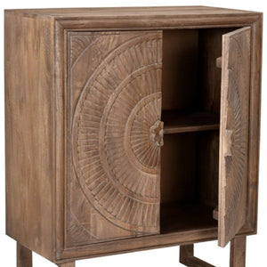 HomeRoots 33" Distressed Brown Solid Wood Accent Cabinet with Hand-Carved Floral Doors for Stylish Storage 489021