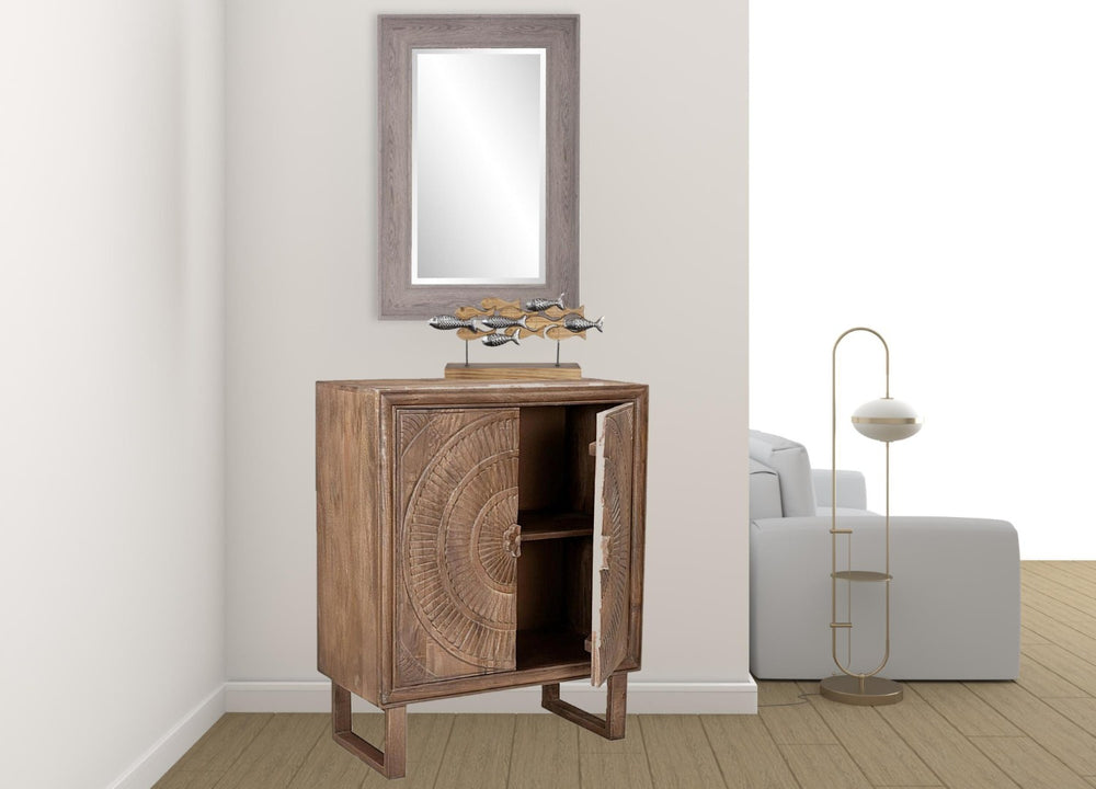 HomeRoots 33" Distressed Brown Solid Wood Accent Cabinet with Hand-Carved Floral Doors for Stylish Storage 489021