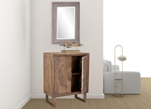 HomeRoots 33" Distressed Brown Solid Wood Accent Cabinet with Hand-Carved Floral Doors for Stylish Storage 489021