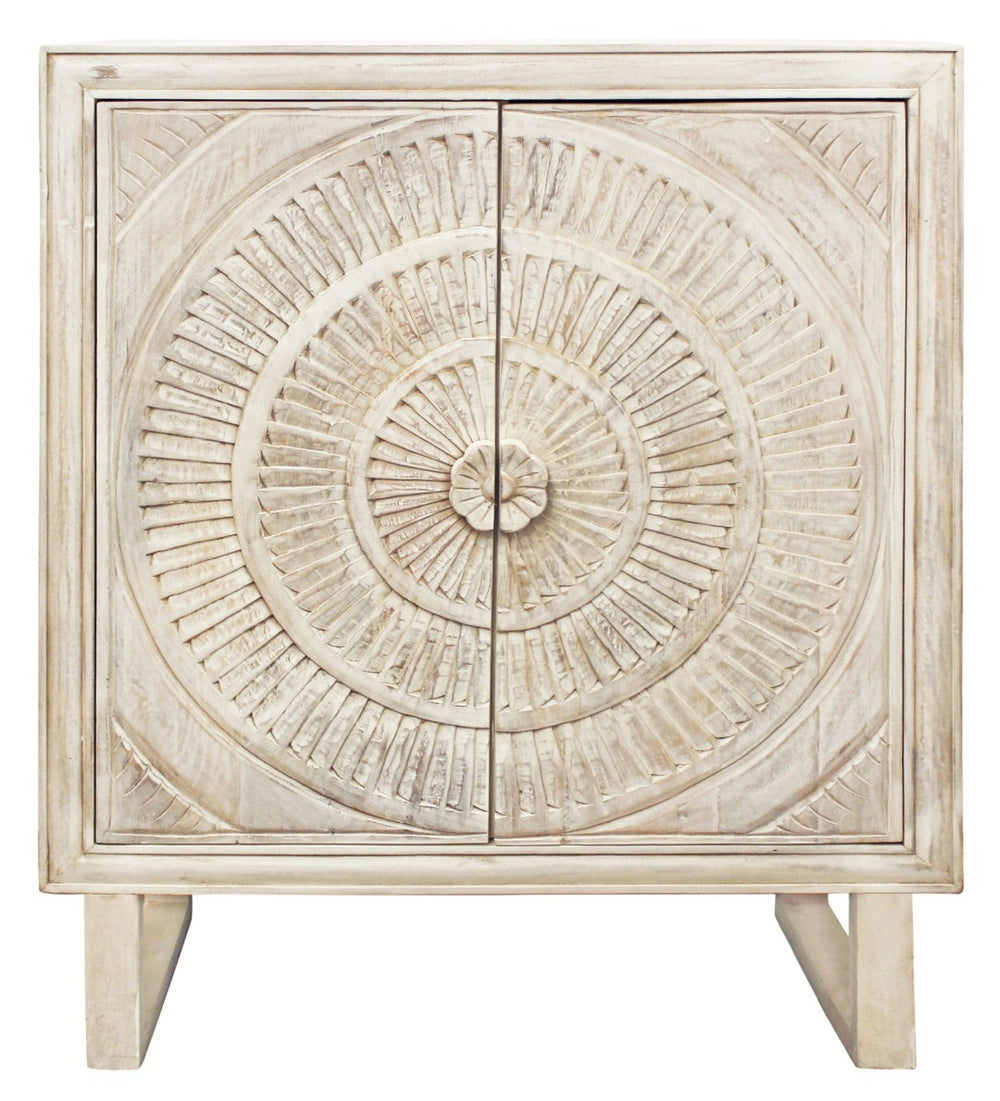 HomeRoots 33" Distressed White Solid Wood Two-Door Floral Carved Accent Cabinet for Rustic Home Decor Charm 489022