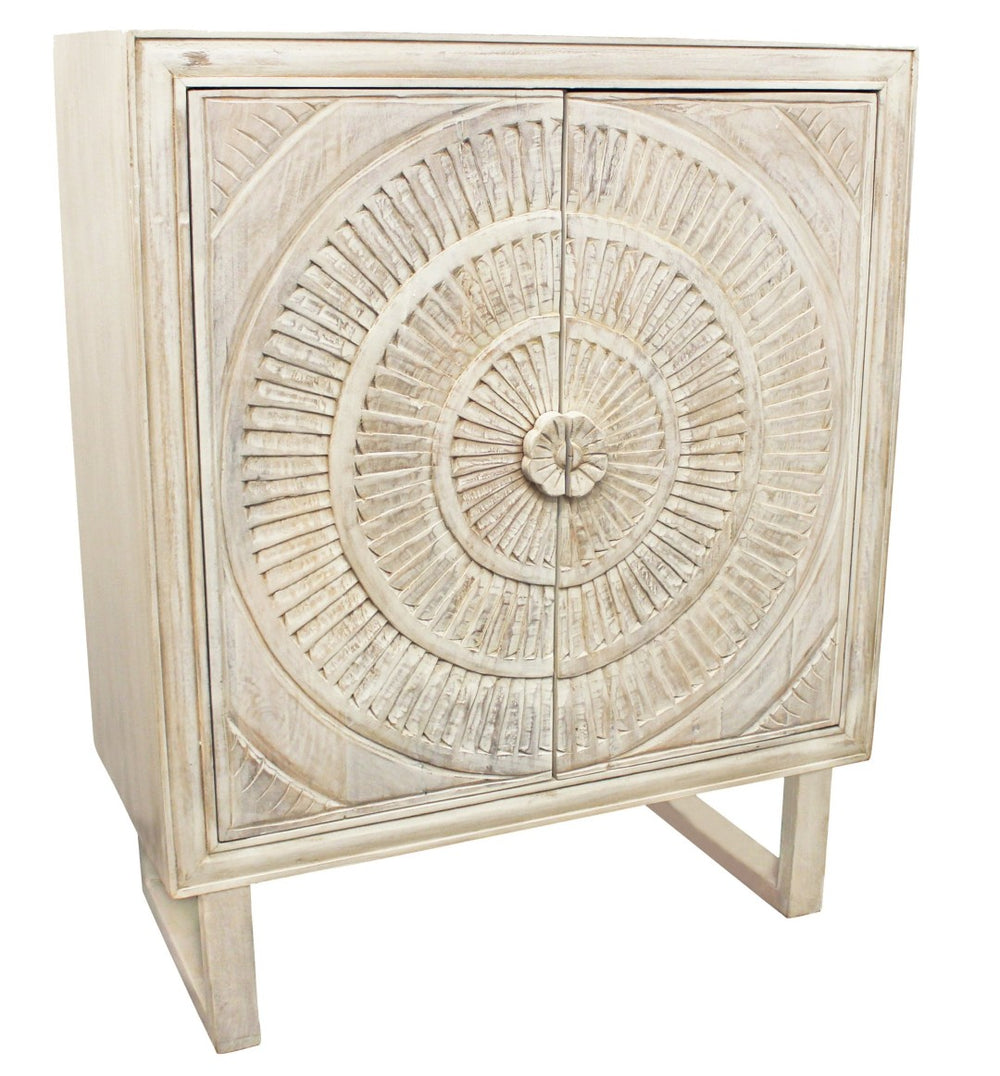 HomeRoots 33" Distressed White Solid Wood Two-Door Floral Carved Accent Cabinet for Rustic Home Decor Charm 489022