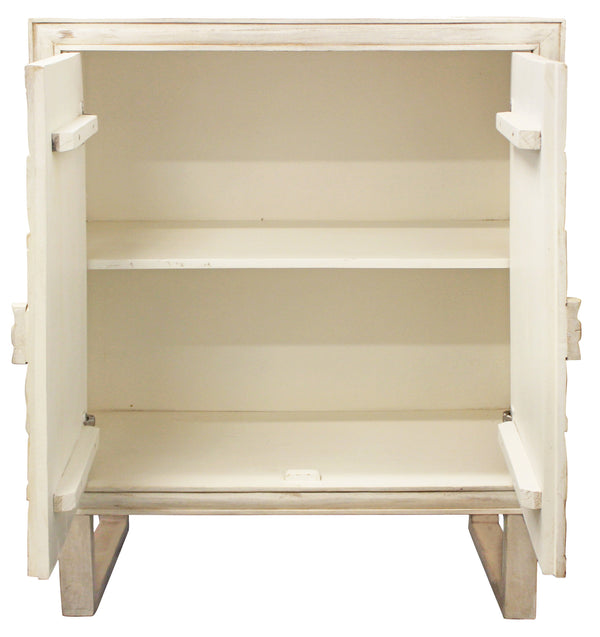 Homeroots 33" Distressed White Solid Wood Two Door Floral Carved Accent Cabinet  Solid Wood 489022