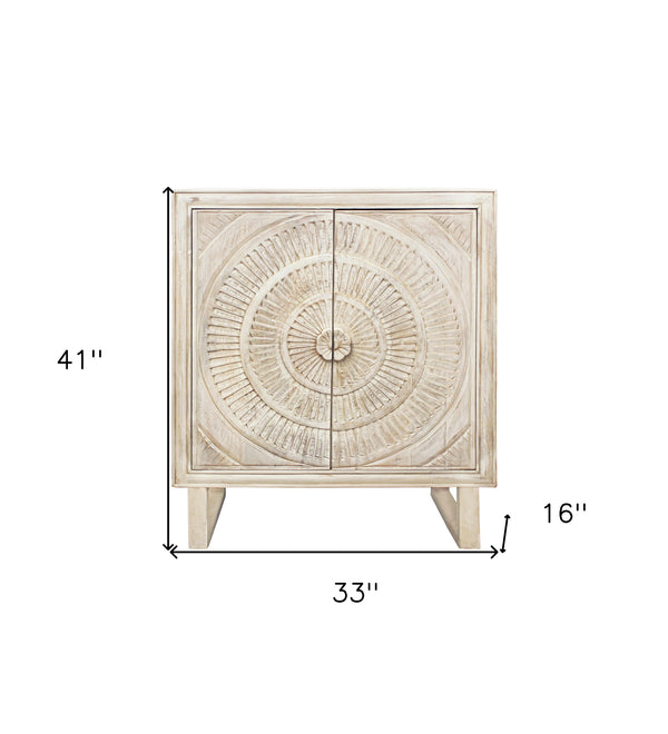 Homeroots 33" Distressed White Solid Wood Two Door Floral Carved Accent Cabinet  Solid Wood 489022