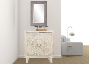 Homeroots 33" Distressed White Solid Wood Two Door Floral Carved Accent Cabinet  Solid Wood 489022