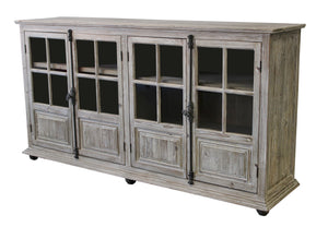 Homeroots 83" White Wash Gray Solid Wood Four Door Side Board With Glass Inserts  Solid Pine Wood,Glass 489024