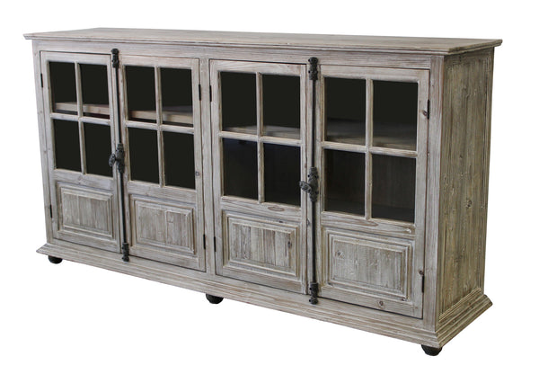 Homeroots 83" White Wash Gray Solid Wood Four Door Side Board With Glass Inserts  Solid Pine Wood,Glass 489024