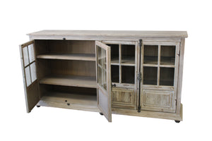 Homeroots 83" White Wash Gray Solid Wood Four Door Side Board With Glass Inserts  Solid Pine Wood,Glass 489024