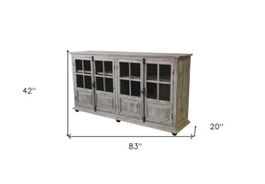 Homeroots 83" White Wash Gray Solid Wood Four Door Side Board With Glass Inserts  Solid Pine Wood,Glass 489024