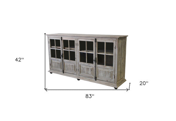 Homeroots 83" White Wash Gray Solid Wood Four Door Side Board With Glass Inserts  Solid Pine Wood,Glass 489024