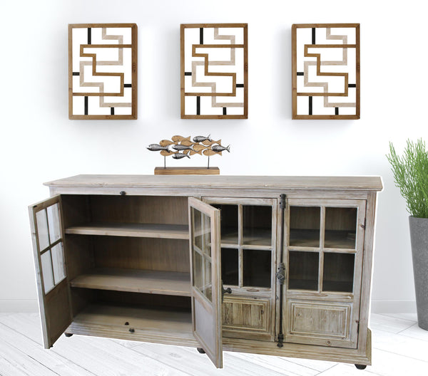 Homeroots 83" White Wash Gray Solid Wood Four Door Side Board With Glass Inserts  Solid Pine Wood,Glass 489024